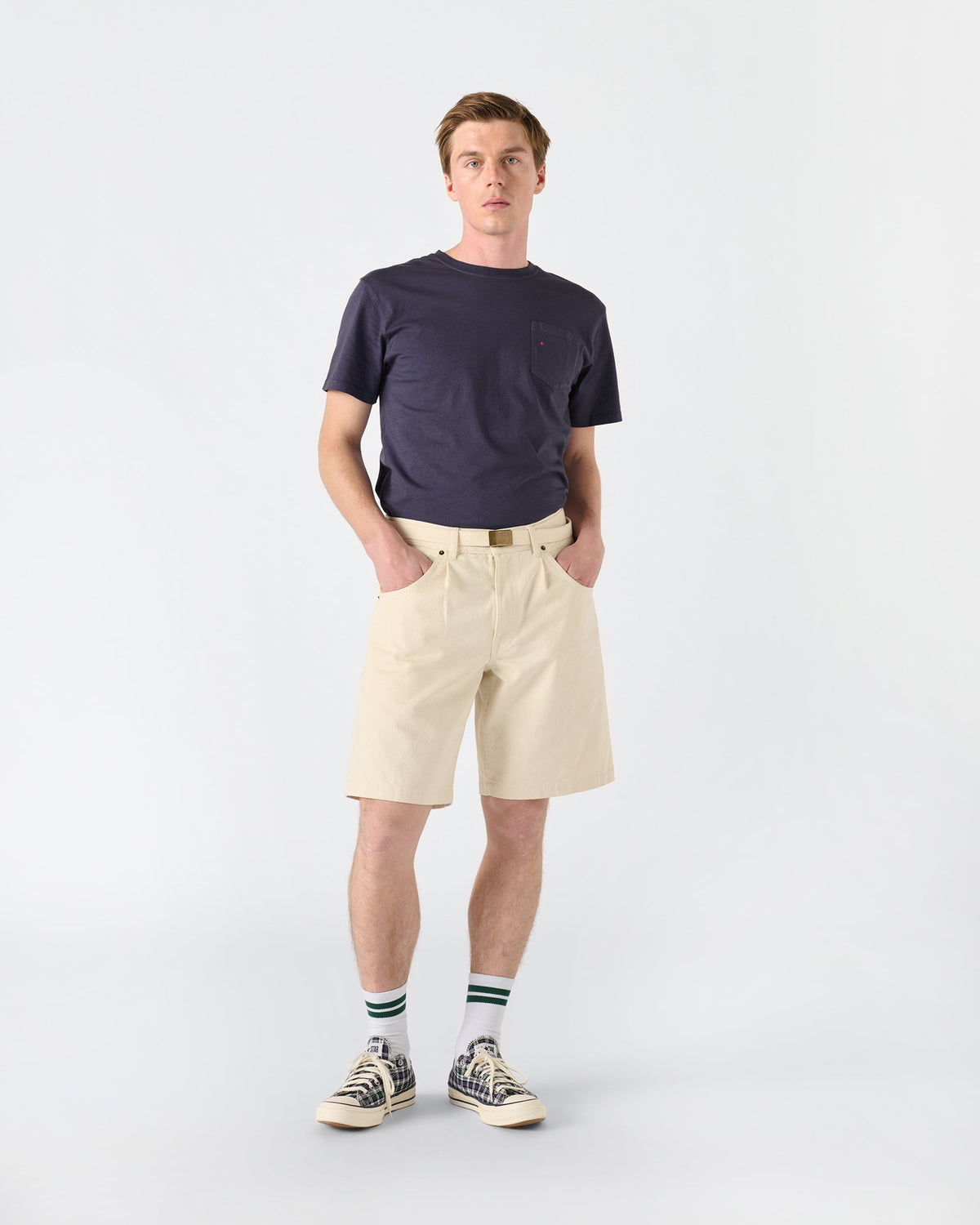 Pleated Denim Shorts